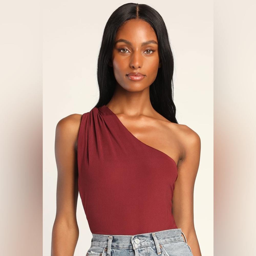 NWT Lulus Confidence and Charm Wine Red Ribbed Knot One Shoulder Bodysuit